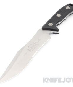 MICROTECH 104-12 Fixed Blade Arbiter Single Edge Stonewash Full Serrated Blade with Black G-10 Handles