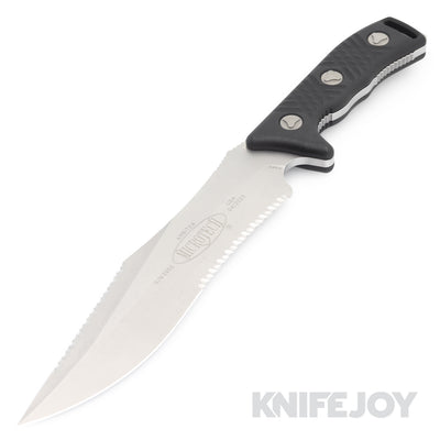 MICROTECH 104-12 Fixed Blade Arbiter Single Edge Stonewash Full Serrated Blade with Black G-10 Handles