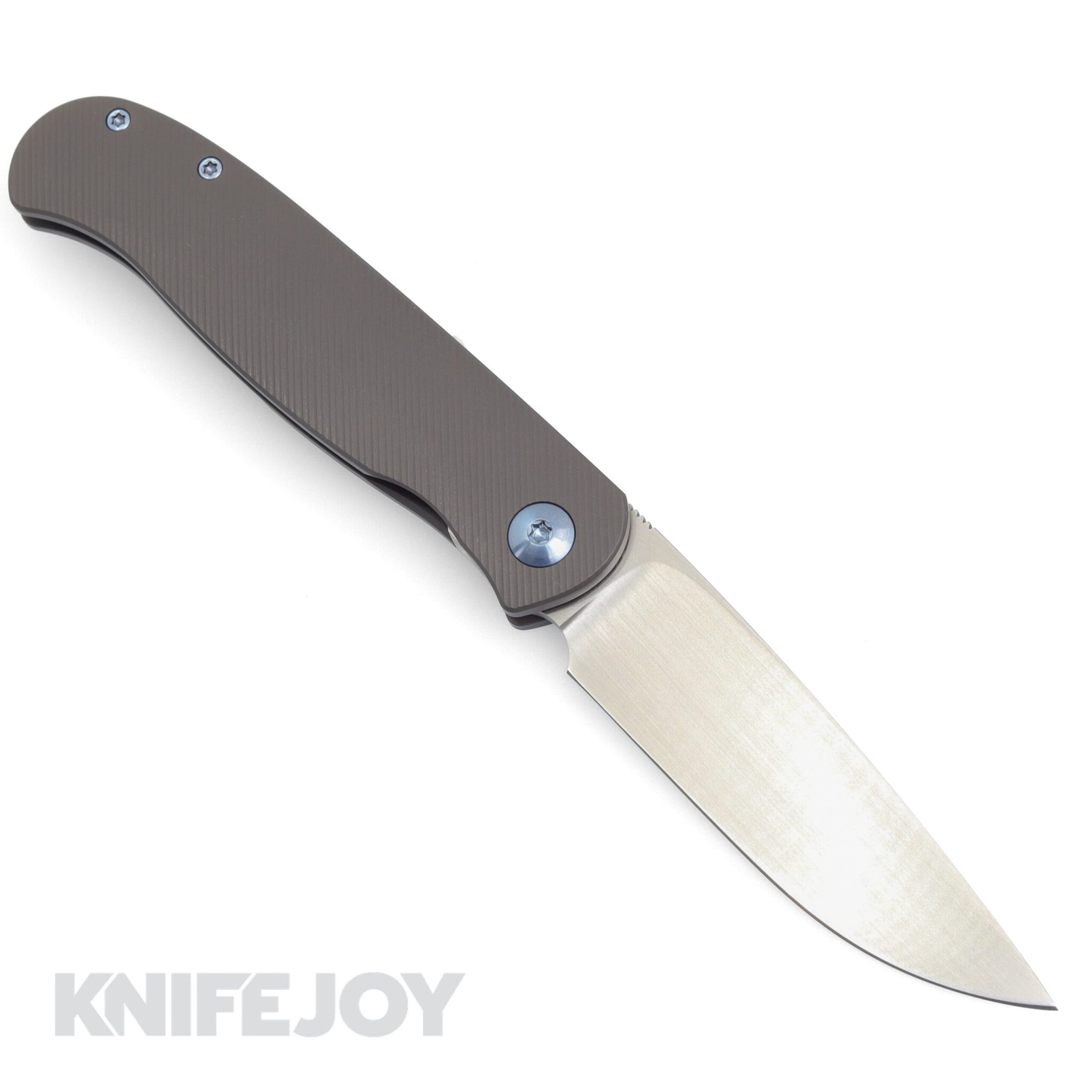 Trevor Burger Custom Knives TBC-ATLAS17 Atlas LEFTY CFL Drop Point Satin Blade with Contoured Dark Titanium Handles/ Blue Hardware