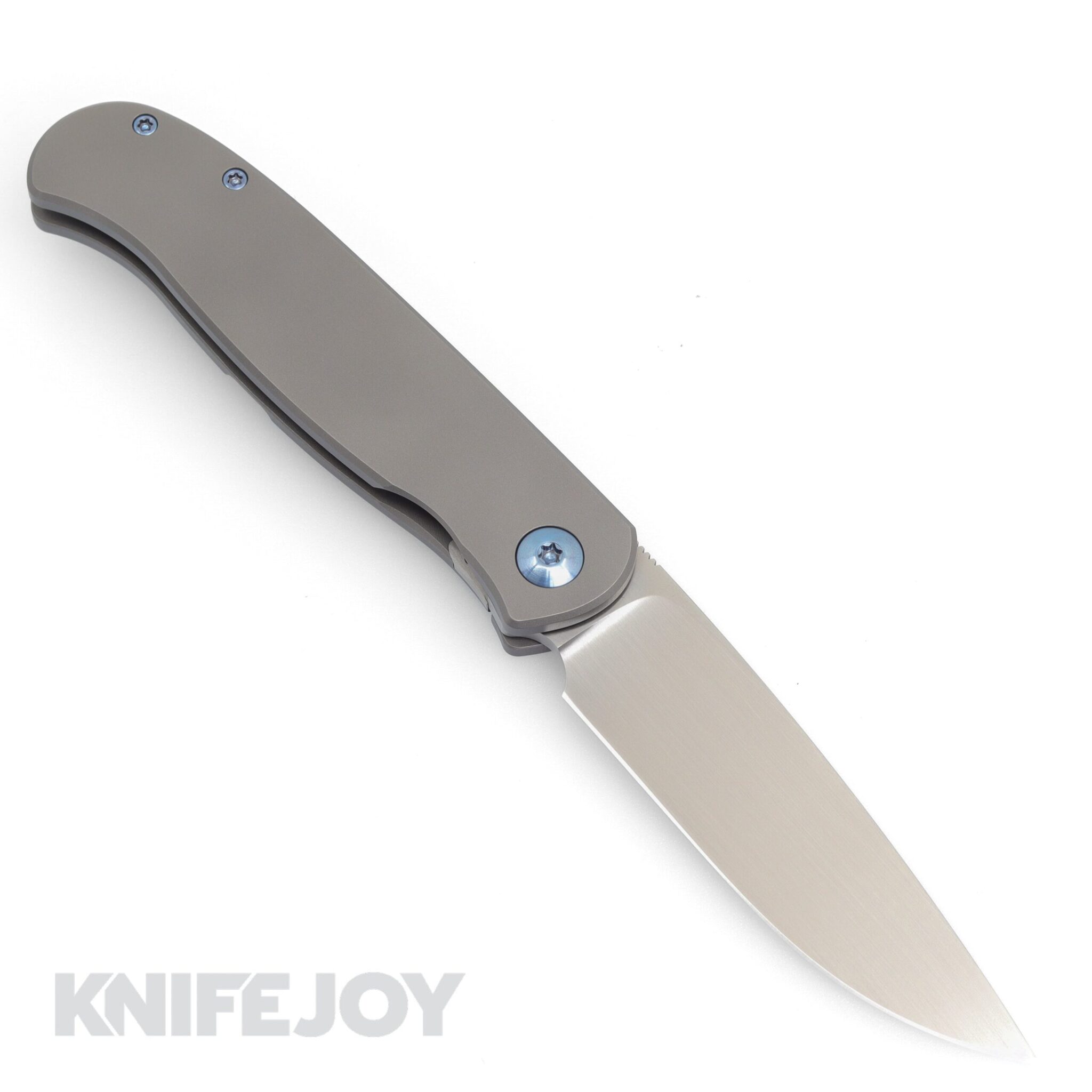 Trevor Burger Custom Knives TBC-ATLAS18 Atlas LEFTY SFL Drop Point Satin Blade with Smooth Dark Titanium Handles/ Blue Hardware
