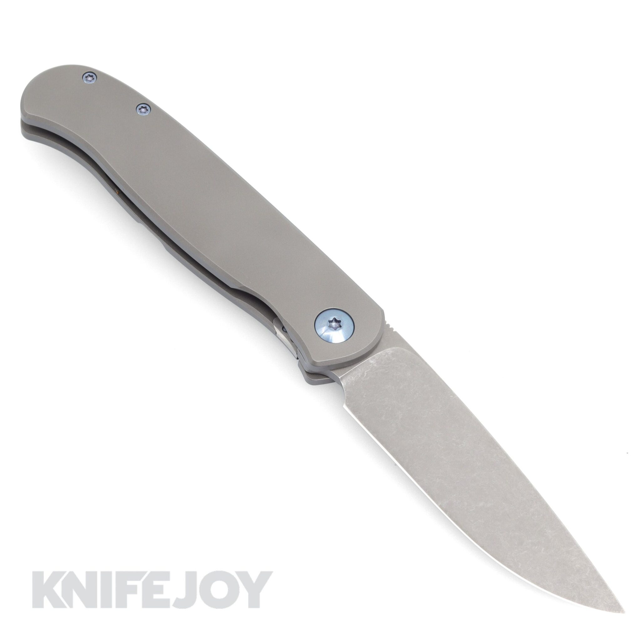 Trevor Burger Custom Knives TBC-ATLAS31 Atlas LEFTY SFL Drop Point Stonewash Blade with Smooth Titanium Handles/ Blue Hardware