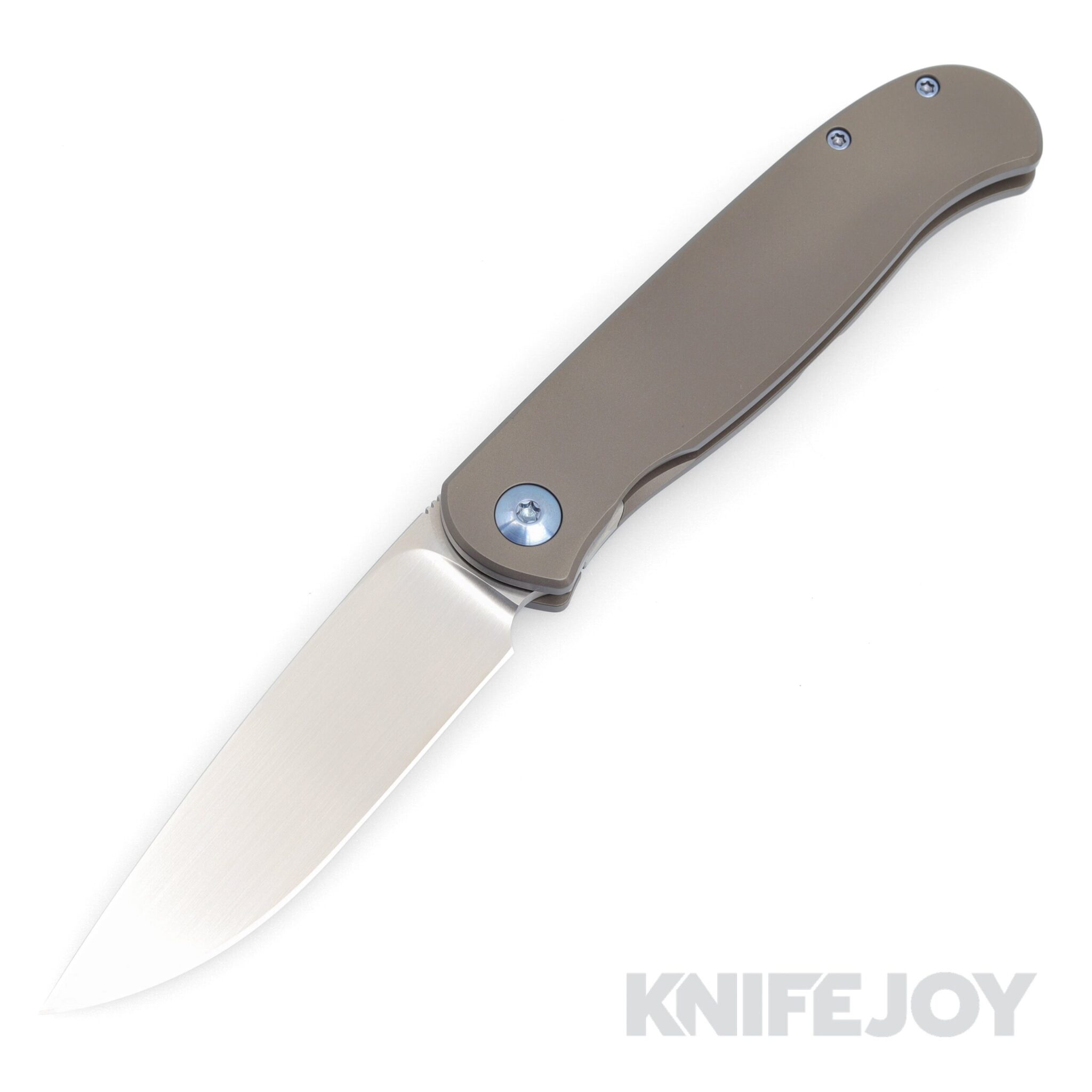 Trevor Burger Custom Knives TBC-ATLAS37 Atlas SFL Drop Point Satin Blade with Smooth Dark Titanium Handles/ Blue Hardware