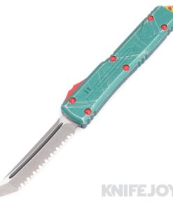 MICROTECH 123-12BH Ultratech OTF Auto BH Apocalyptic Tanto Full Serrated Stonewash Blade with Black Blood Groove/ Red Screws/ Yellow Striped Pocket Clip/ Green Aluminum Distressed Handles Aluminum Handles