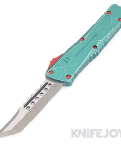 MICROTECH 219-10BH Combat Troodon Hellhound BH OTF Signature Series Auto Tanto Stonewash Standard Blade with Green Distressed Aluminum Handles/ Red Screws and Button/ Yellow Pocket Clip