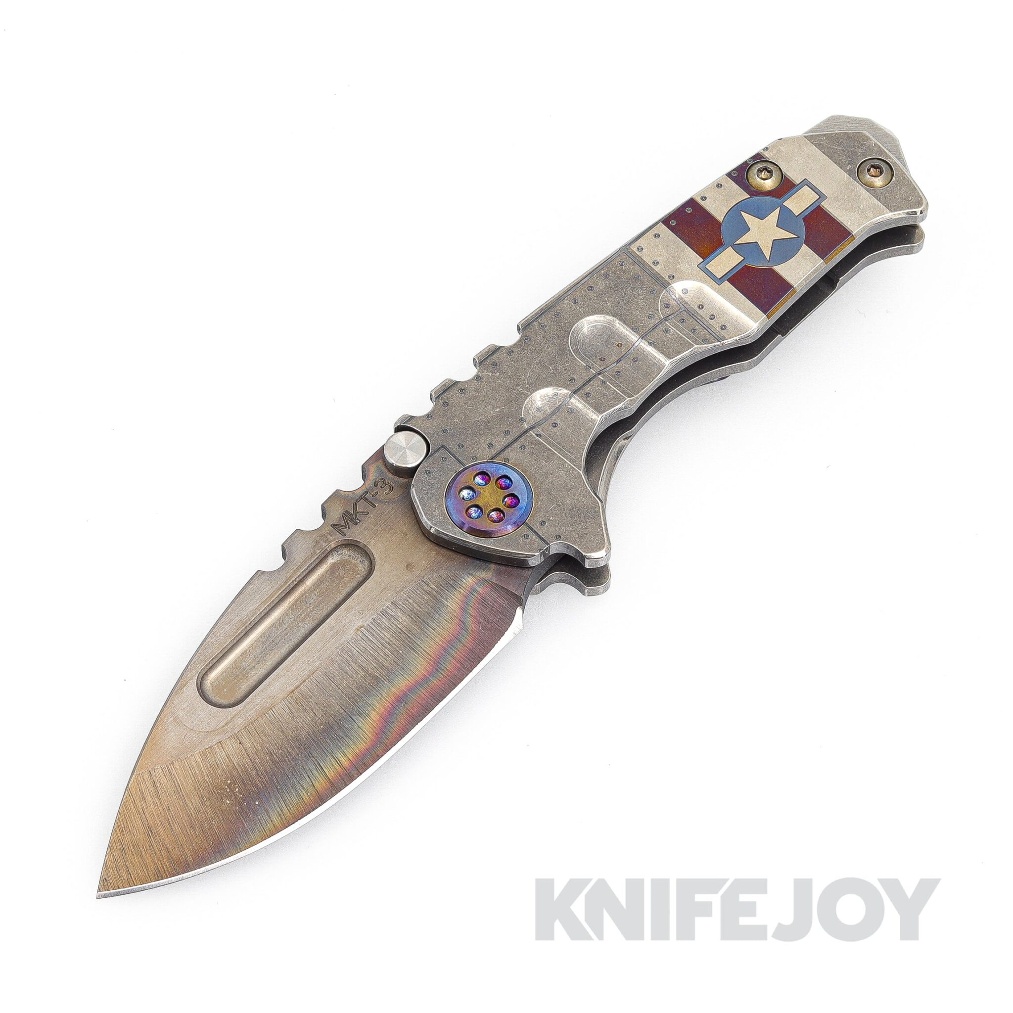 Medford Knives Micro Praetorian T 3V Vulcan Drop Point Blade with Tumbled Stars N Bars Rivet Handles/ Flamed HW and Clip