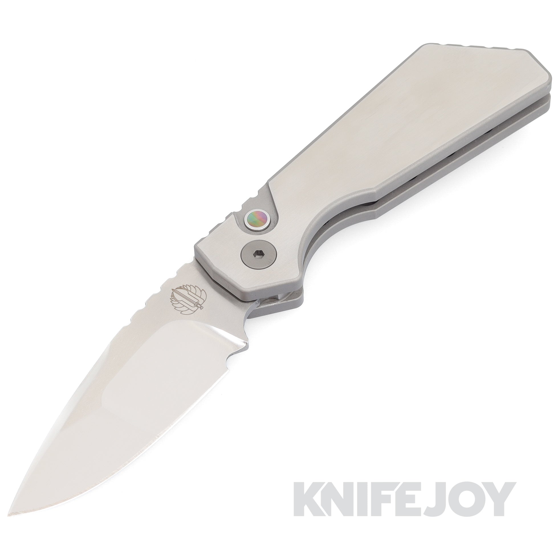 Pro-tech Knives Pro-Strider PT+2023.005 Custom Auto Mike Irie Compound Ground Blade with Hand Satin/ Blasted Chamfers 17-4 Steel Chassis Handles/ Black Lip Pearl Button