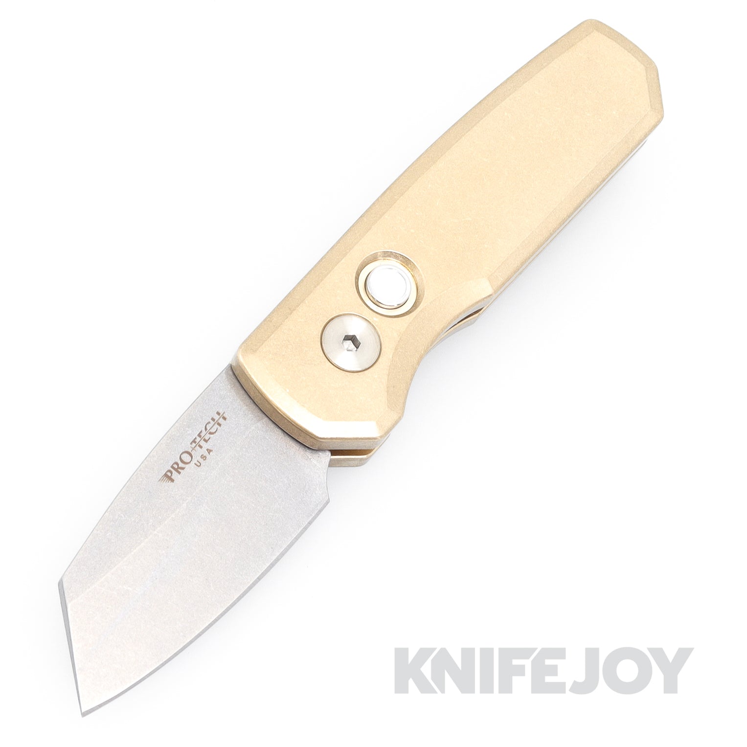 Pro-tech Knives R5410 Runt 5 Auto Stonewash Magnacut Reverse Tanto Blade with Aluminum Bronze Solid Handles/ Pearl Button