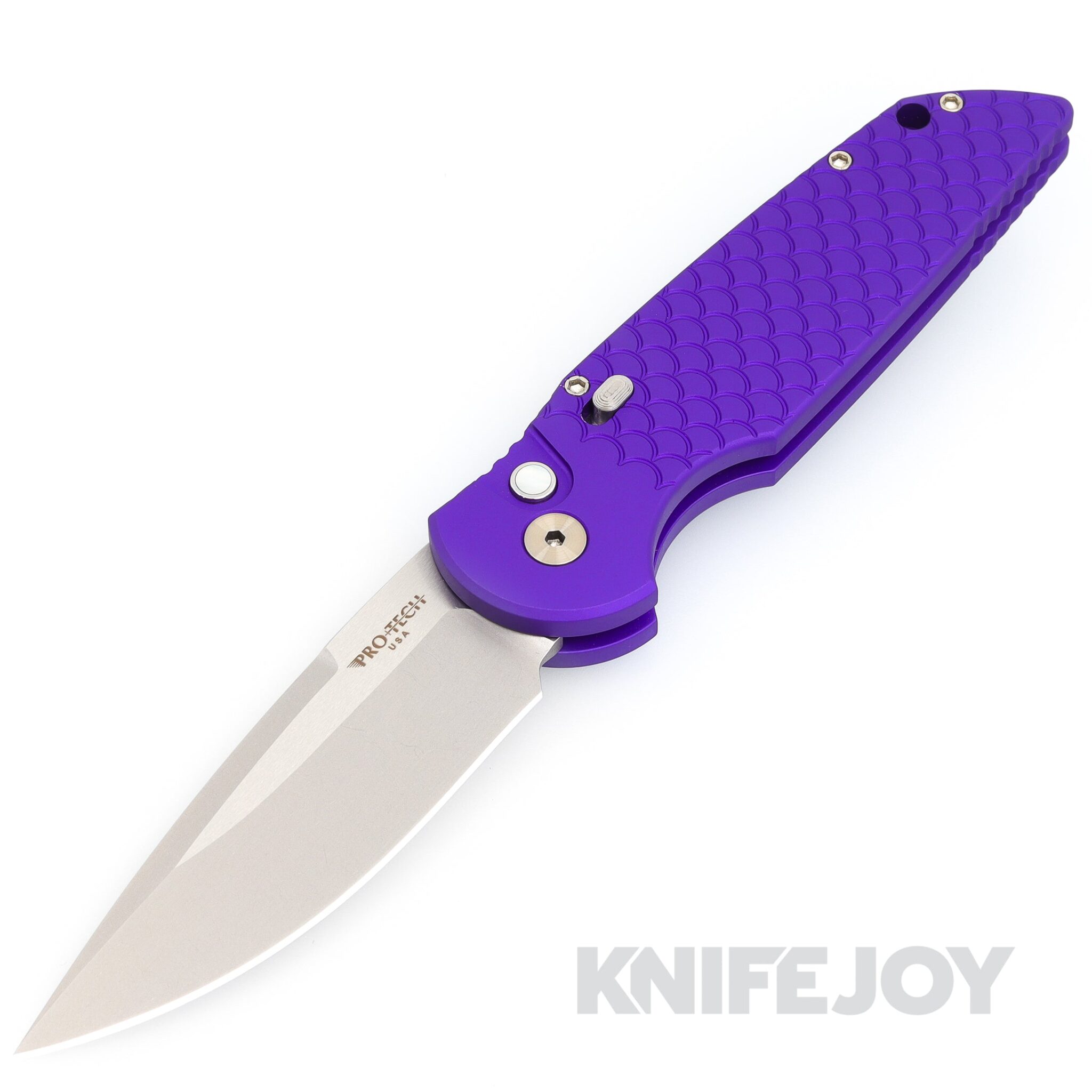Pro-tech Knives TR-3 X1 LTD Purple Tactical Response 3 Auto Folder Plain Edge Clip Point Blade with Fish Scale Engraved Purple Aluminum Handle/ Pearl Button with Safety