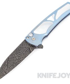 Pro-Tech Knives Malibu Custom.011 Blade Show Atlanta 2023 Chad Nichols Mosaic Damascus Wharncliffe Blade with Blue Anodized Titanium with White Pearl Inlay Handles/ Machined Ti Orange Peel Clip/ Pearl Button