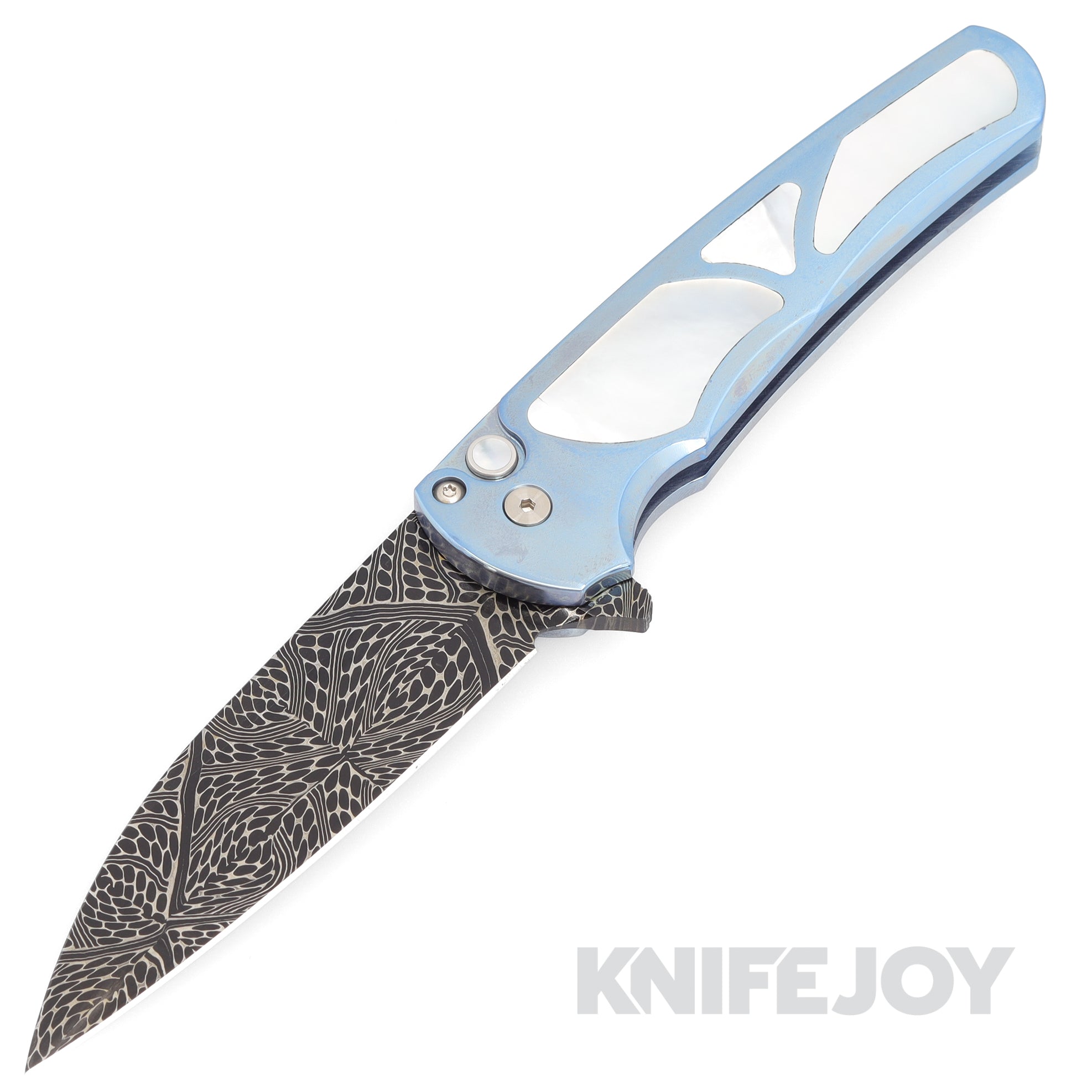 Pro-Tech Knives Malibu Custom.011 Blade Show Atlanta 2023 Chad Nichols Mosaic Damascus Wharncliffe Blade with Blue Anodized Titanium with White Pearl Inlay Handles/ Machined Ti Orange Peel Clip/ Pearl Button