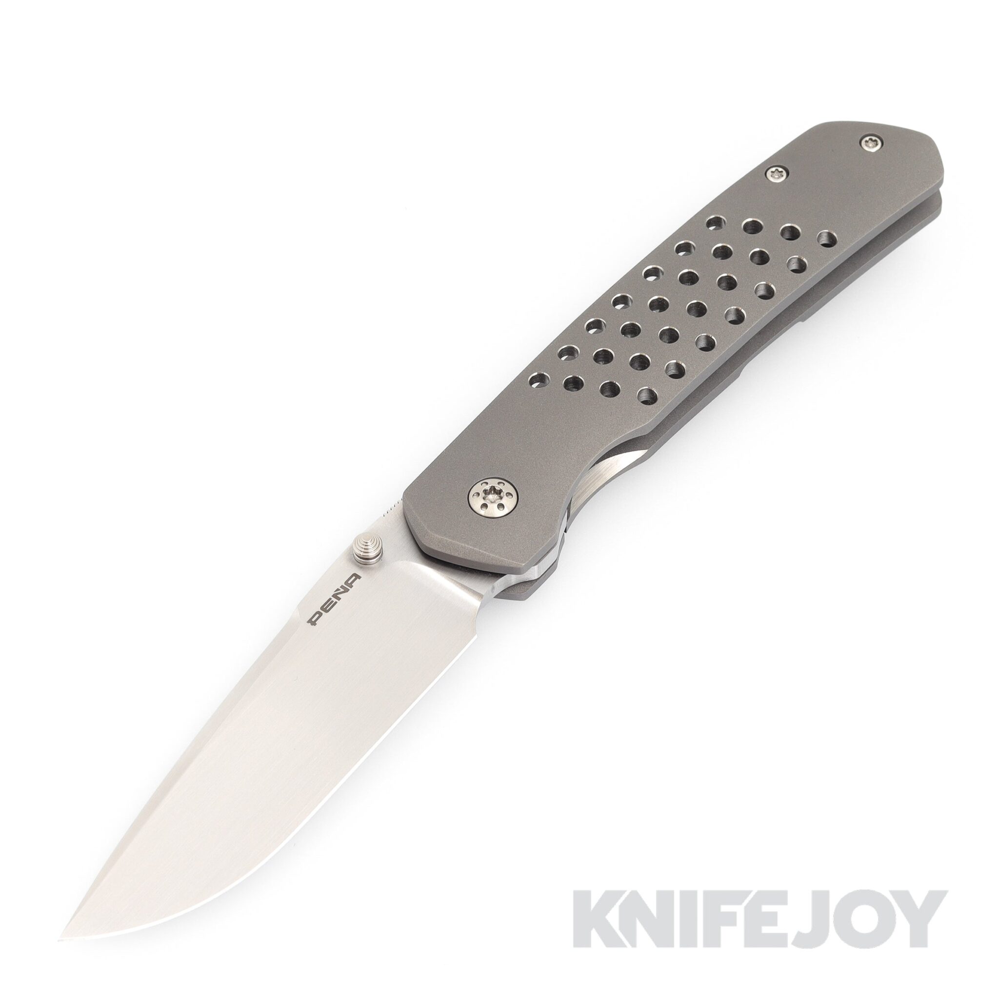 Enrique Pena Custom Victoria Front Flipper Victoria Satin Blade with Speed Hole Engraved Titanium Handles/ Mokuti Clip
