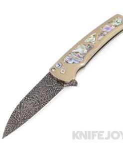 Protech Knives 2023 Malibu Custom.010 Nichols Mosaic Damascus Wharncliffe Blade with Bronze Anodized Titanium with Abalone Inlay Handles/ Abalone Button/ Machined Ti Blue Clip