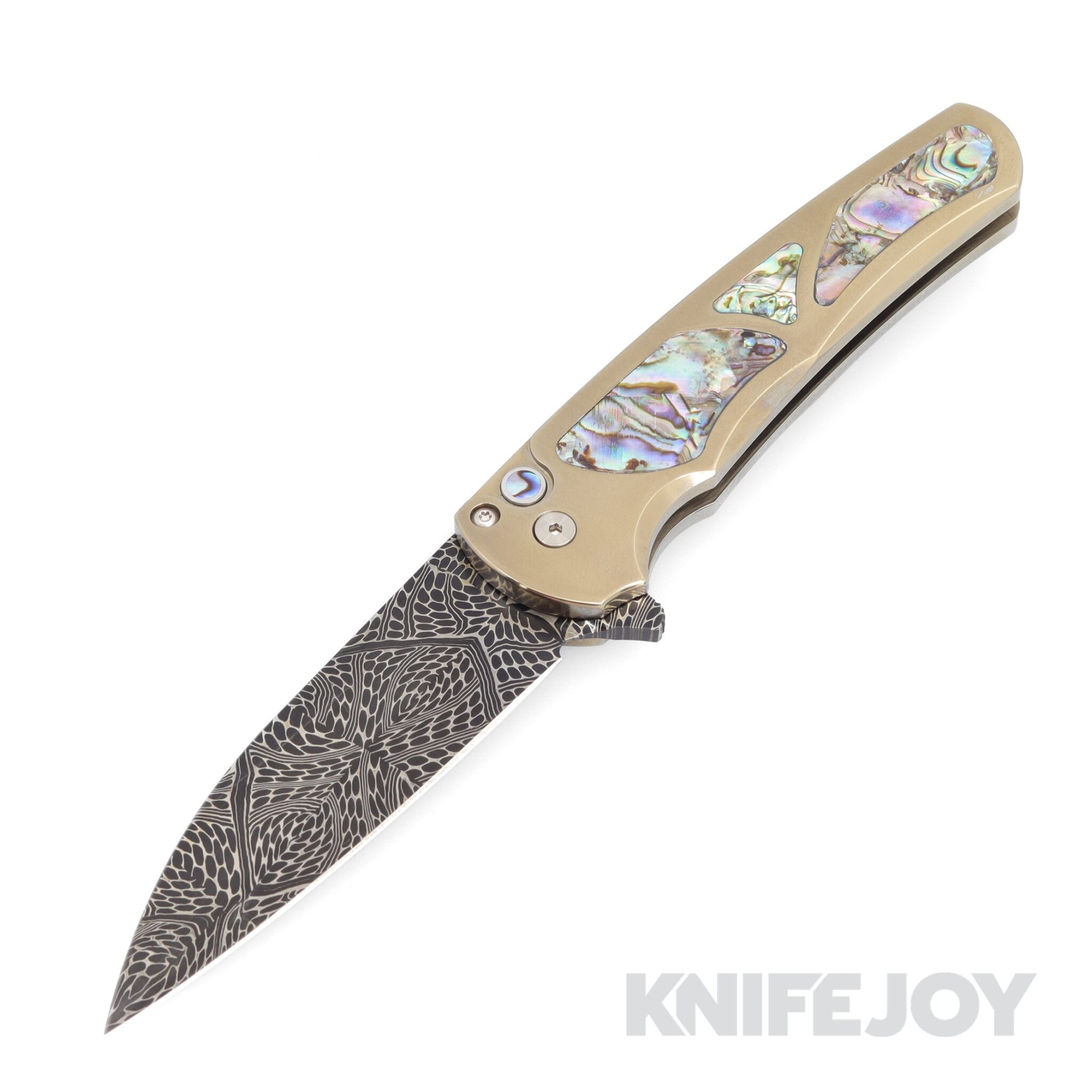 Protech Knives 2023 Malibu Custom.010 Nichols Mosaic Damascus Wharncliffe Blade with Bronze Anodized Titanium with Abalone Inlay Handles/ Abalone Button/ Machined Ti Blue Clip