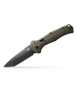 Benchmade 9071BK-1 Claymore Auto Tanto Cobalt Black Plain Edge Blade with Ranger Green Grivory Handles