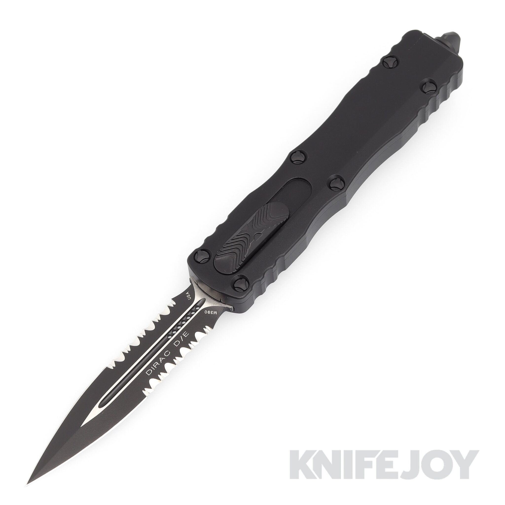 MICROTECH 225-2T Dirac Delta OTF Auto Double Edge Tactical Partially Serrated Blade with Black Aluminum Handles