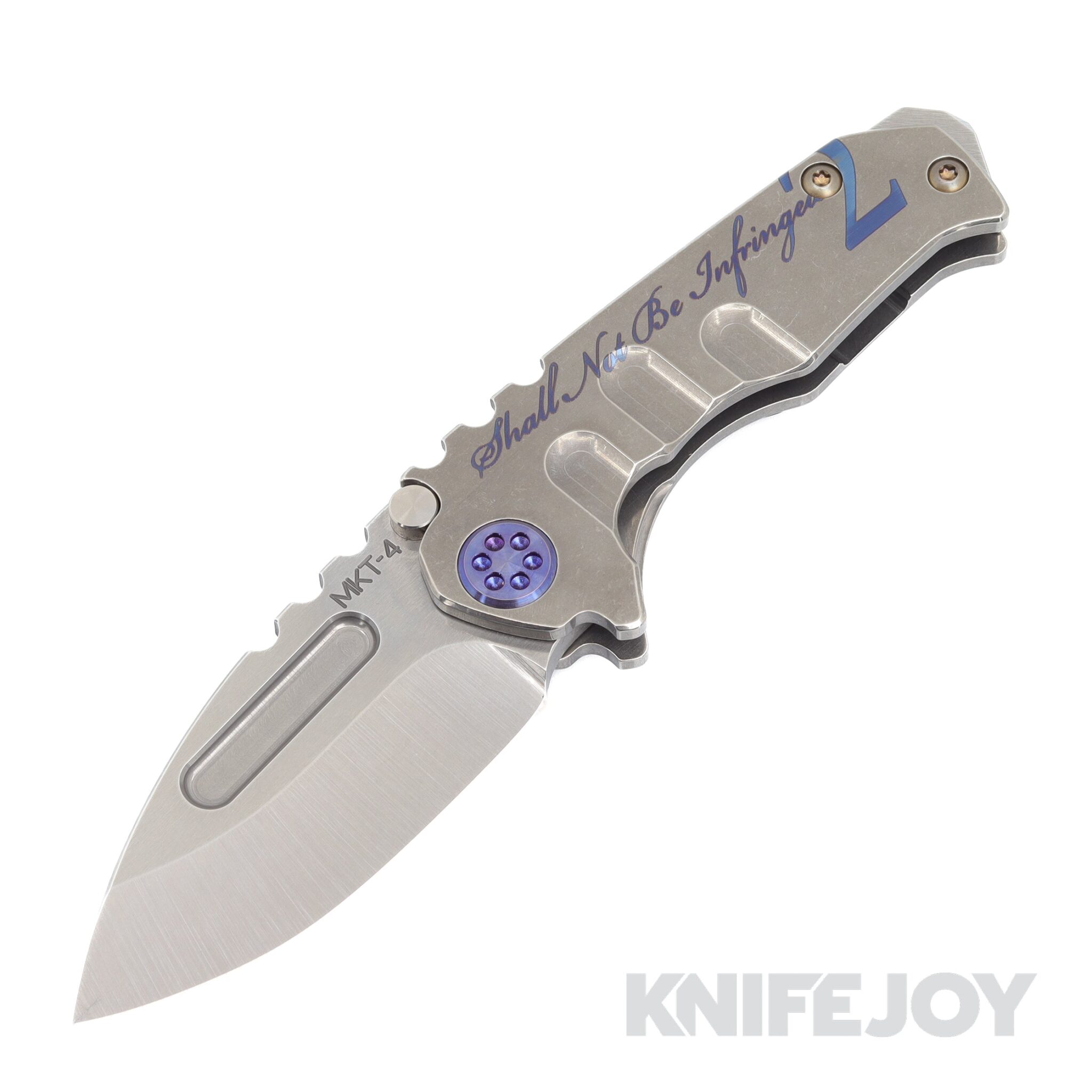 Medford Knives Micro Praetorian "T" S45VN Tumbled Drop Point Blade with Tumbled 2ND Amendment Handles/ Blue Hardware