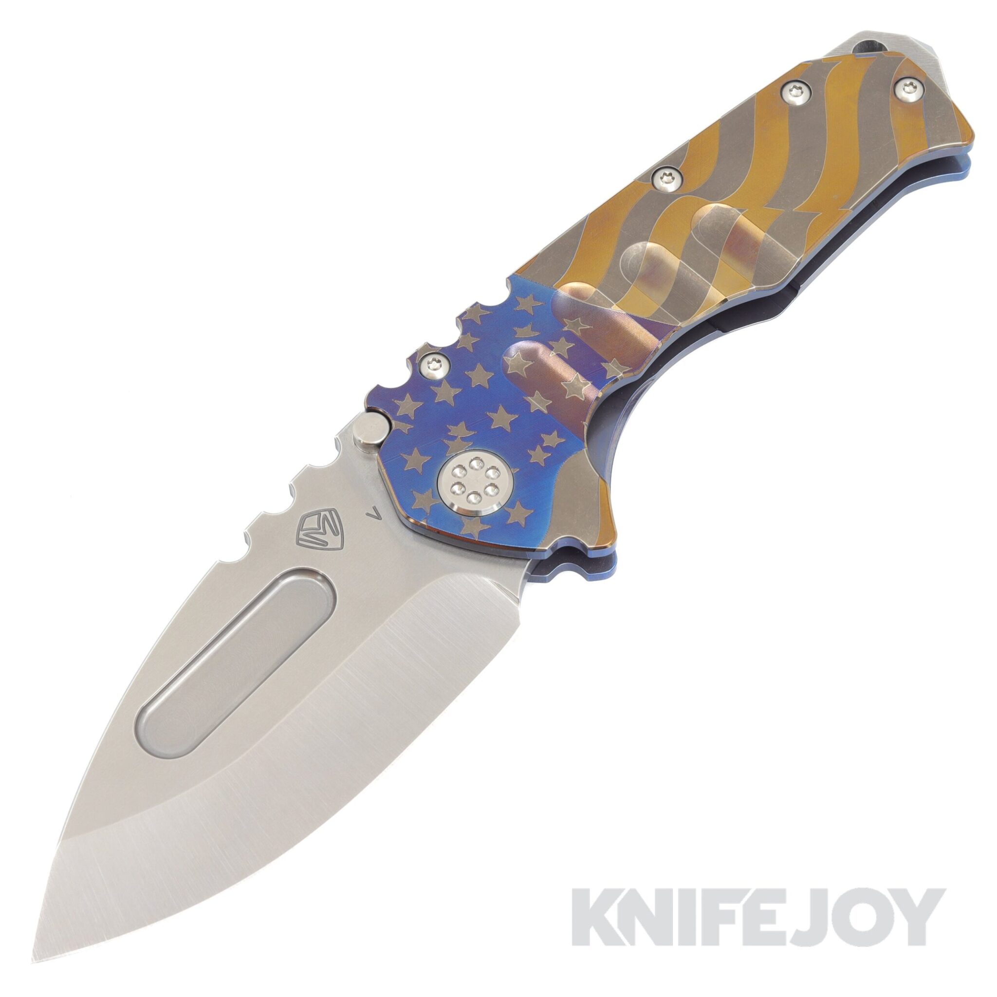 Medford Knives Micro Praetorian "T" CPM 20CV Tumbled Drop Point Blade with Blue American Flag Handles/ Flamed Hardware and Clip