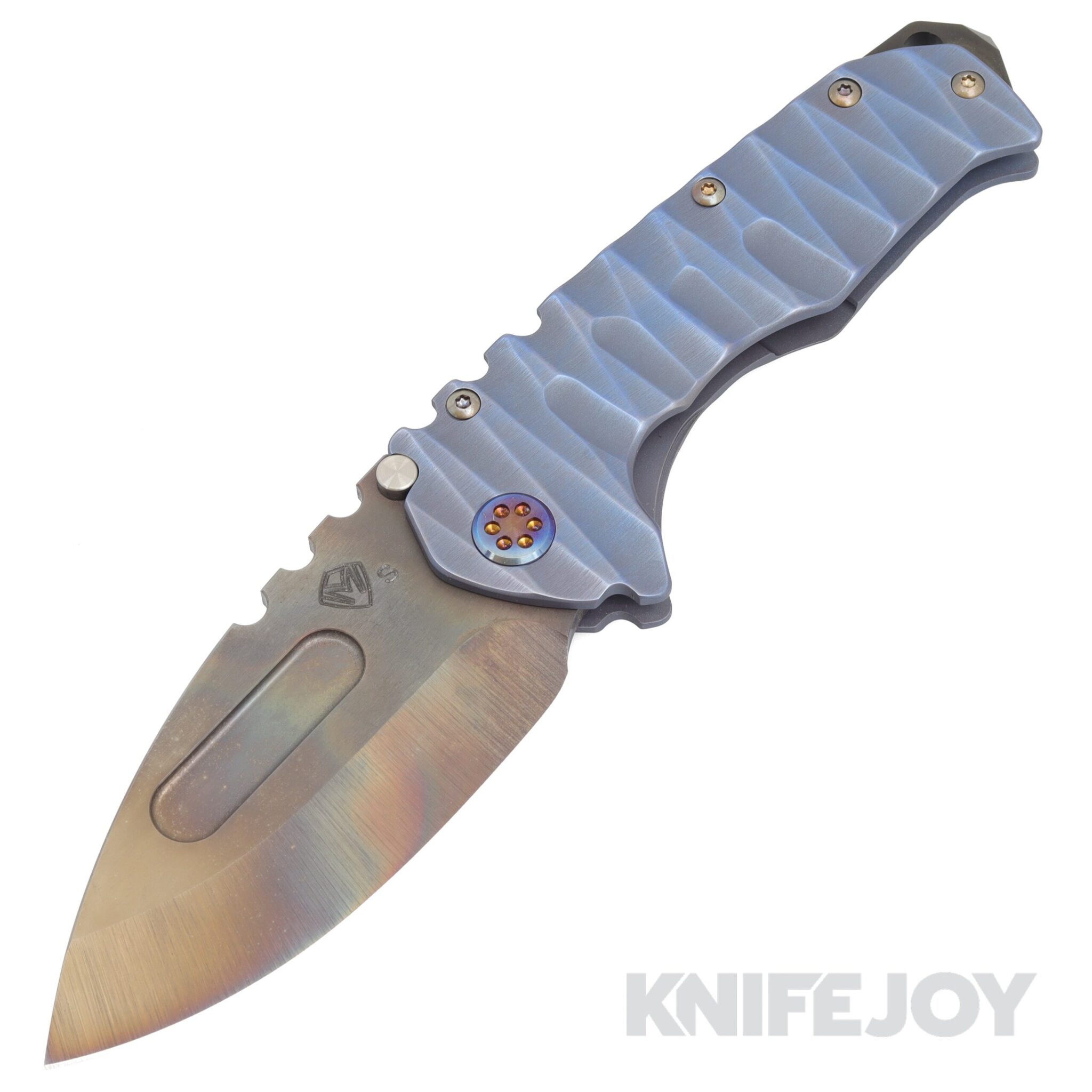 Medford Knives Praetorian "T" S45VN Vulcan Drop Point Blade with Blue Lightning Handles/ Flamed Hardware and Clip