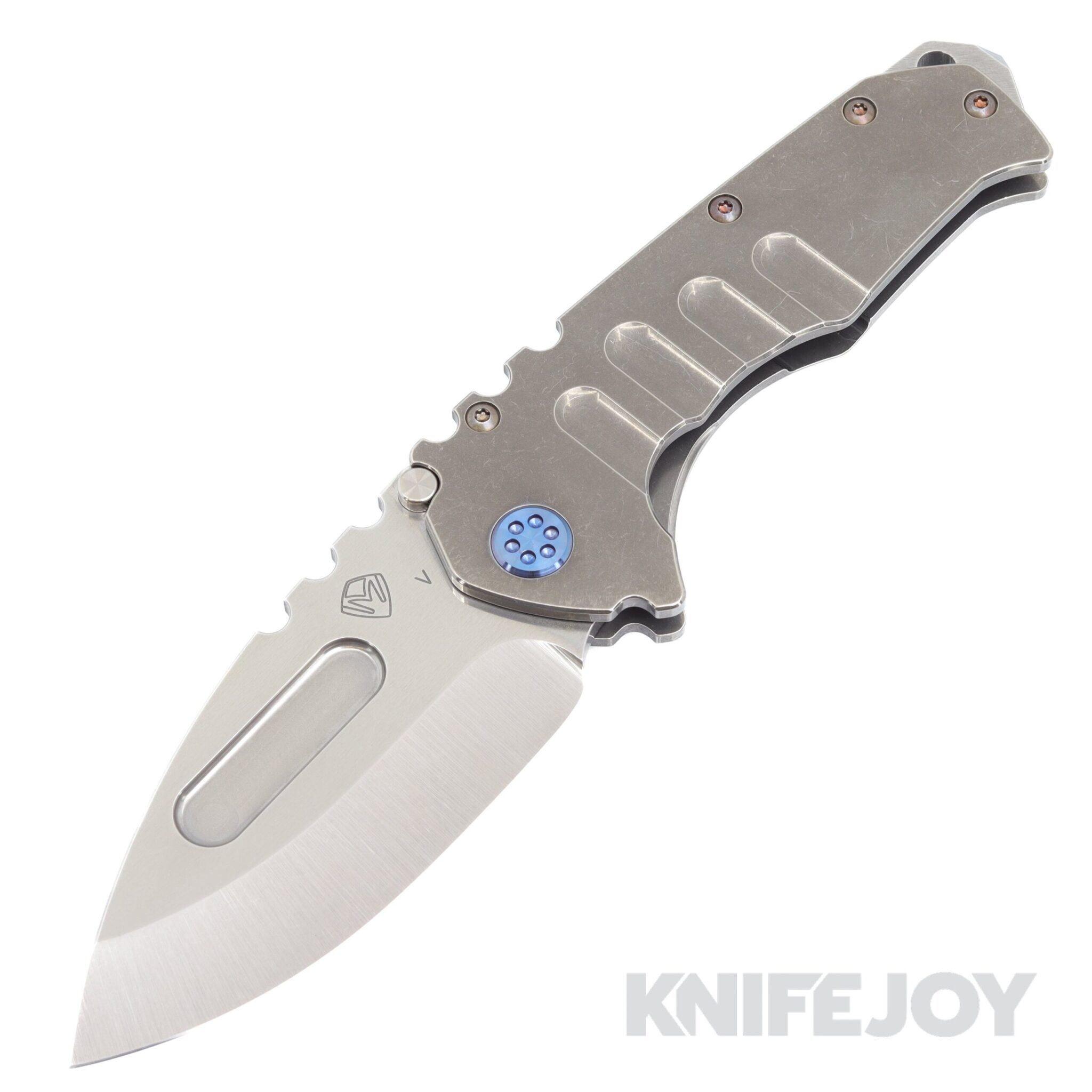 Medford Knives Praetorian "T" CPM 20CV Tumbled Drop Point Blade with Tumbled Handles/ Blue Hardware and Clip KJ Exclusive