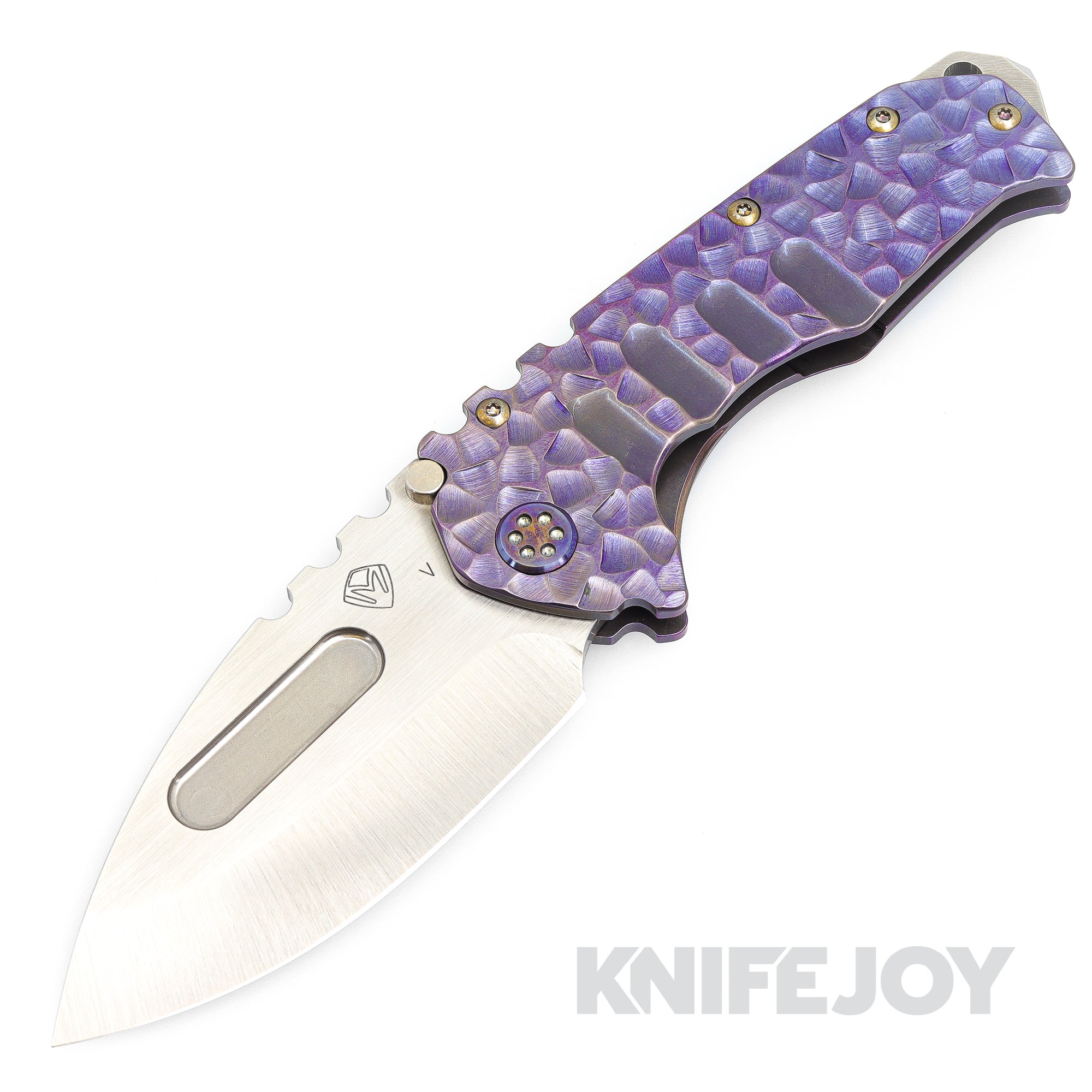 Medford Knives Praetorian "T" CPM 20CV Satin Drop Point Blade with Violet P&V Handles/ Flamed Hardware and Clip KJ Exclusive
