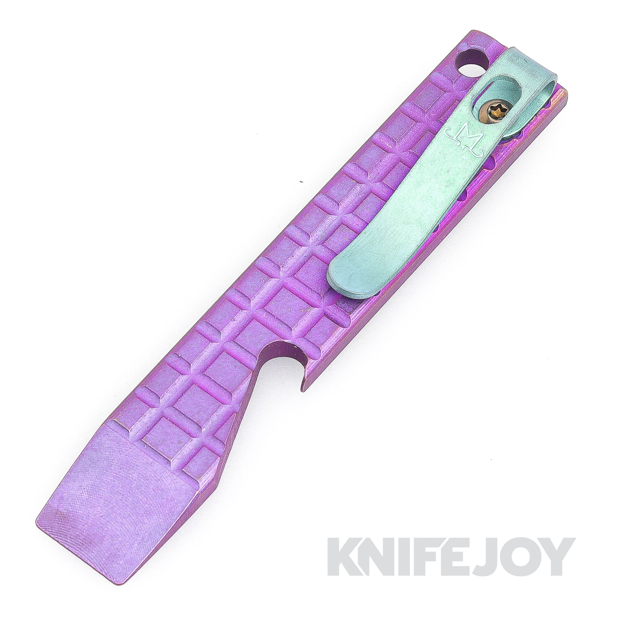 Maverick Customs 4.0" Purple Frag Titanium Pocket Pry Bar/ Bottle Opener with Green Ano Pocket Clip