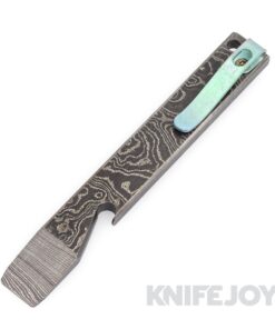 Maverick Customs 5.0" Heavy Damascus Pocket Pry Bar/ Bottle Opener with Green Ano Pocket Clip