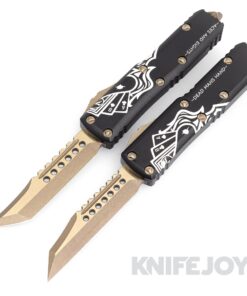 MICROTECH 719-13SETDMS UTX-85 OTF Auto Hellhound and Warhound Dead Mans Set Standard Stonewash Blade with Dead Mans Hand Playing Cards Black Aluminum Handles