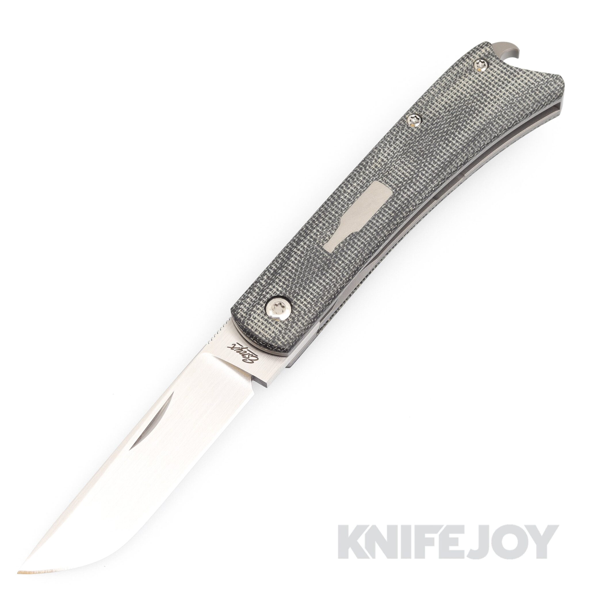 Esnyx Silver Line Beer Buster Front Flipper Hand Rubbed Satin Finish Blade with Black Micarta Handles/ Bead Blast Bottle Shield/ Bead Blast Clip