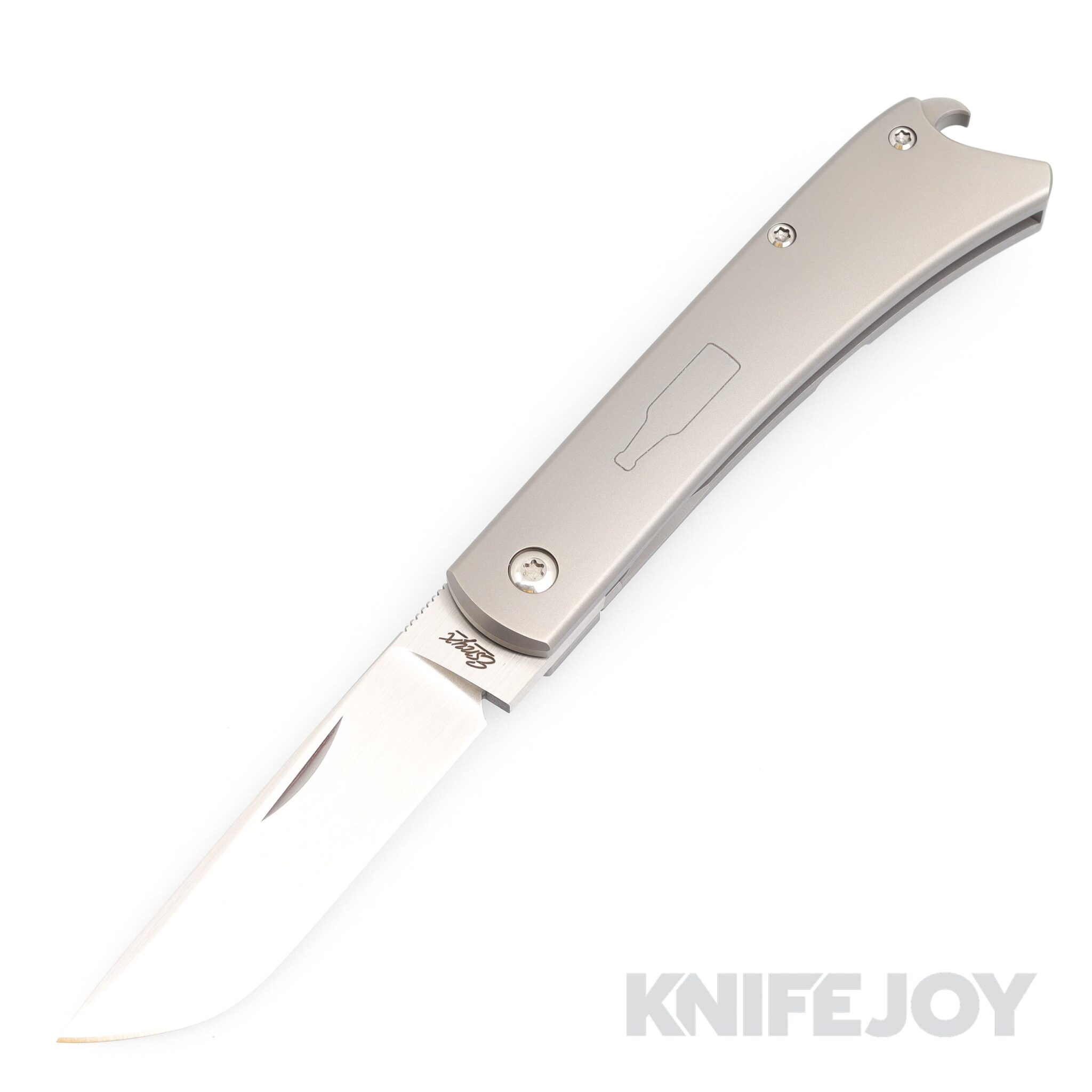 Esnyx Silver Line Beer Buster Front Flipper Hand Rubbed Satin Finish Blade with Full Titanium Handles/ Laser Bottle Shield/ Bead Blast Clip