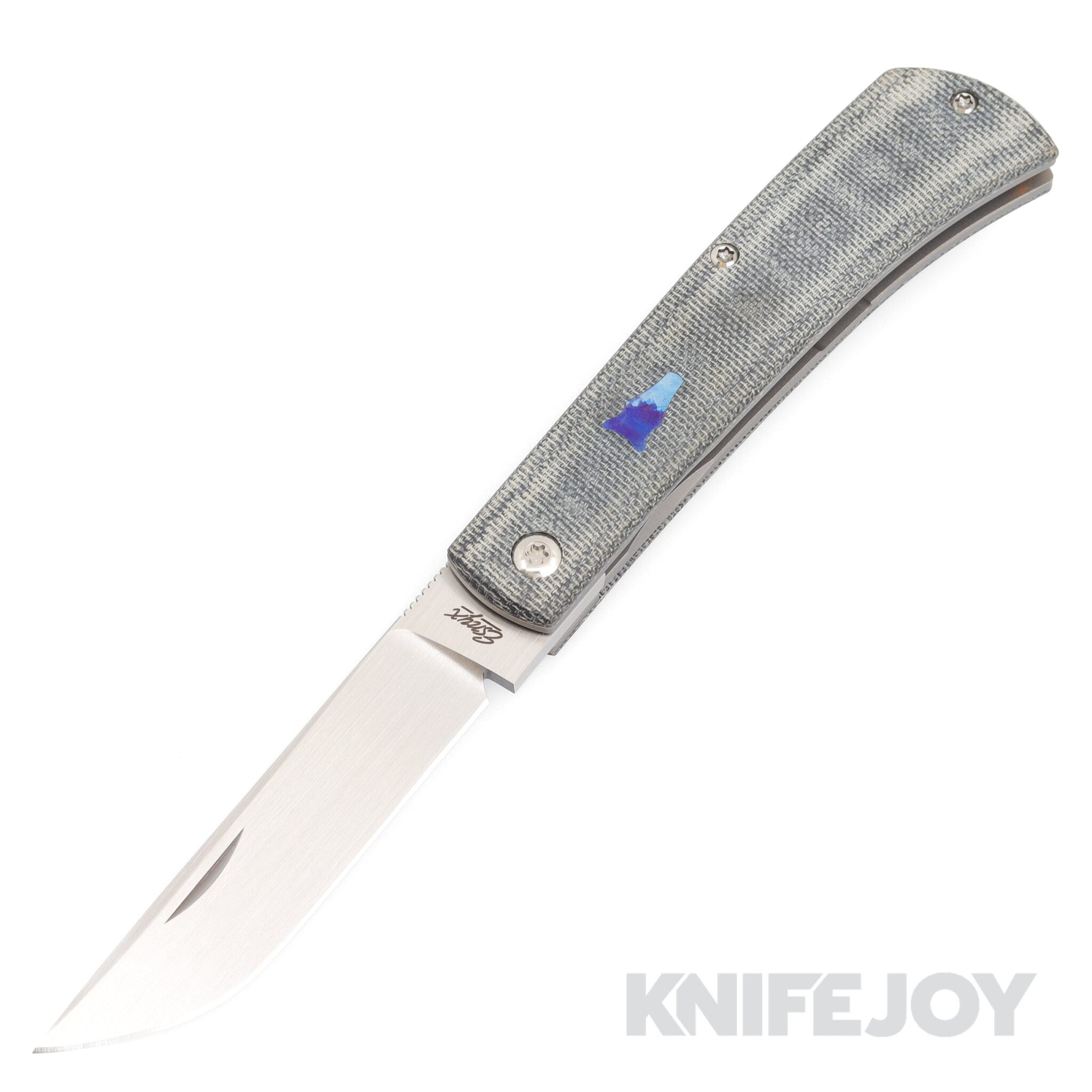 Esnyx Silver Line Workhorse Front Flipper Hand Rubbed Satin Finish Blade with Blue Micarta Handles/ Mokuti Workhorse Shield/ Bead Blast Clip