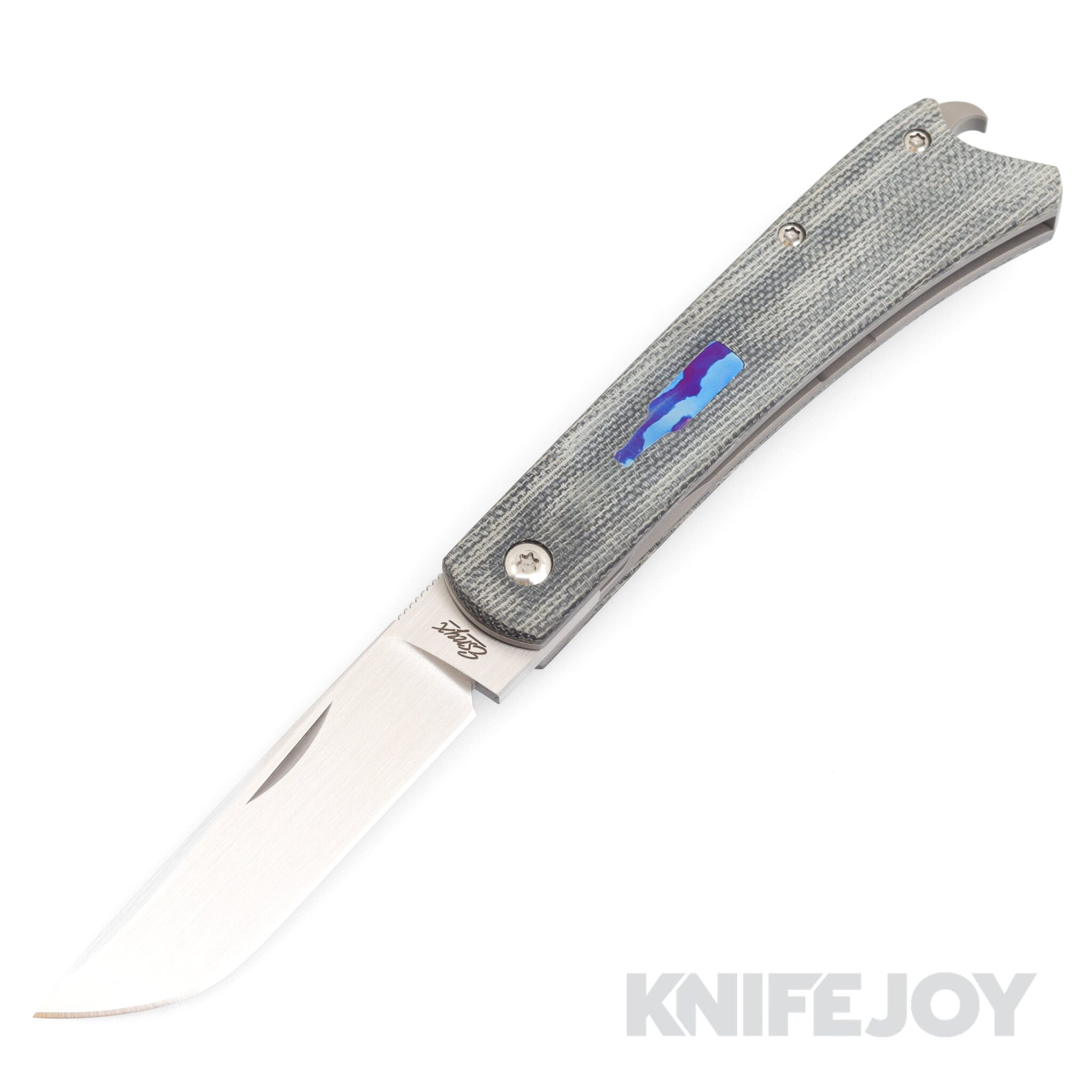 Esnyx Silver Line Beer Buster Front Flipper Hand Rubbed Satin Finish Blade with Blue Micarta Handles/ Mokuti Bottle Shield/ Bead Blast Clip