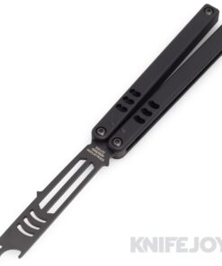 Squid Industries Knives Mako V4.5 Balisong Butterfly Bottle Opener Inked Black Trainer Blade with Black Aluminum Handles