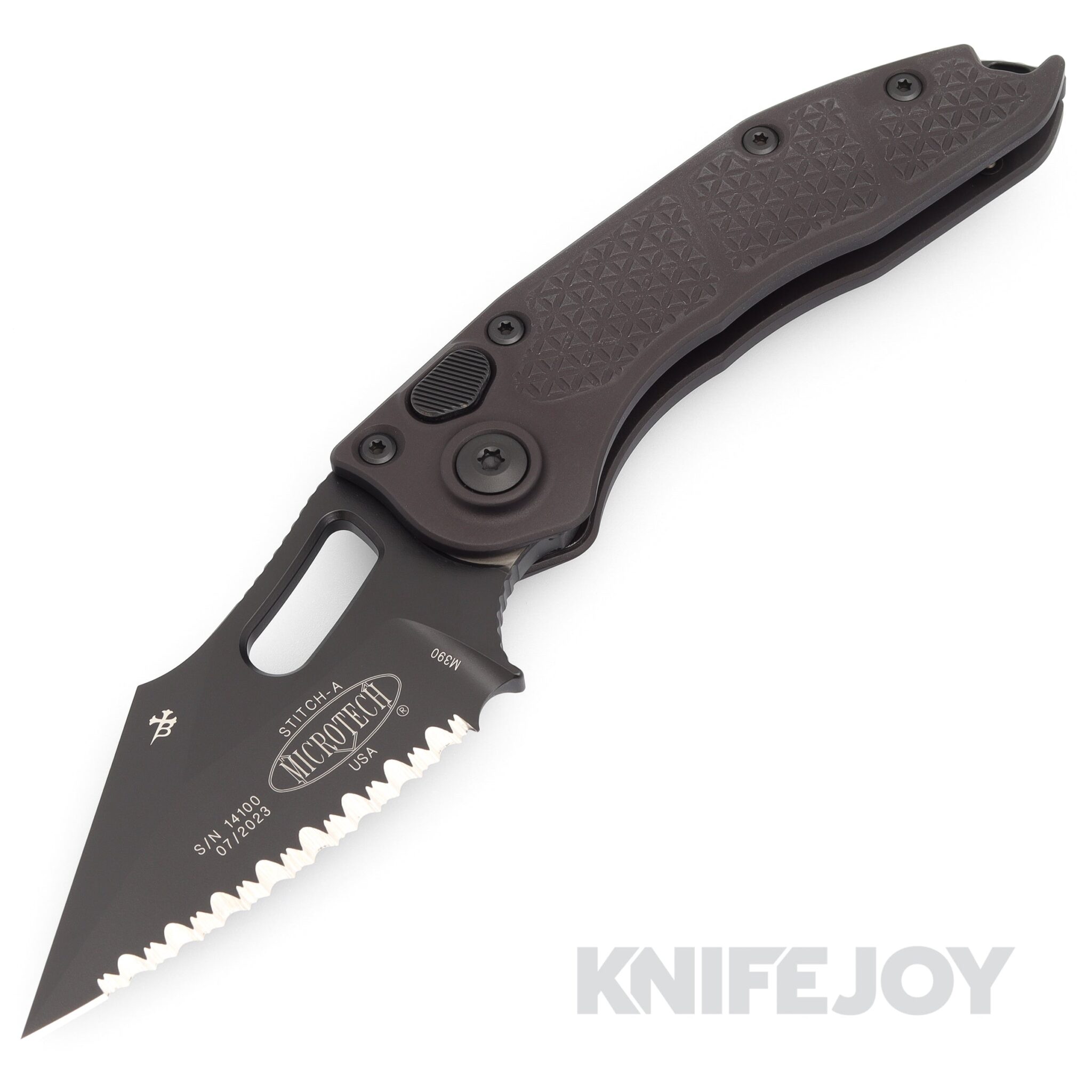 MICROTECH 169-3T Stitch Borka Collab Auto Folding Knife Full Serrated Tactical DLC Blade with Black Tactical Aluminum Handles