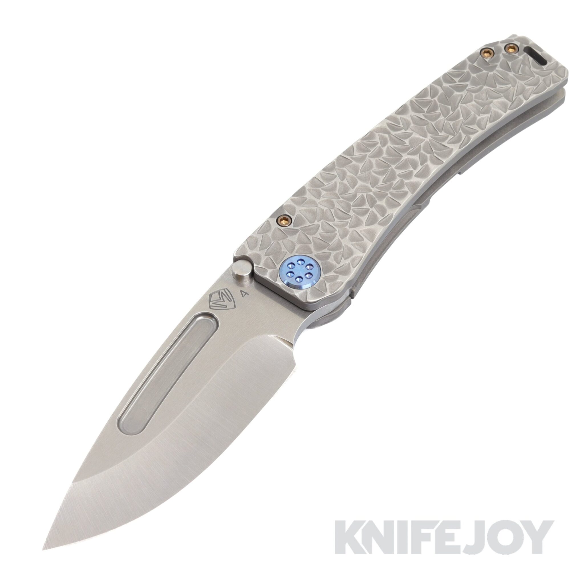 Medford Knives Marauder-H S45VN Tumbled Drop Point Blade with BB/ Brush Silver Peaks & Valleys Handles/ Blue Hardware and Clip