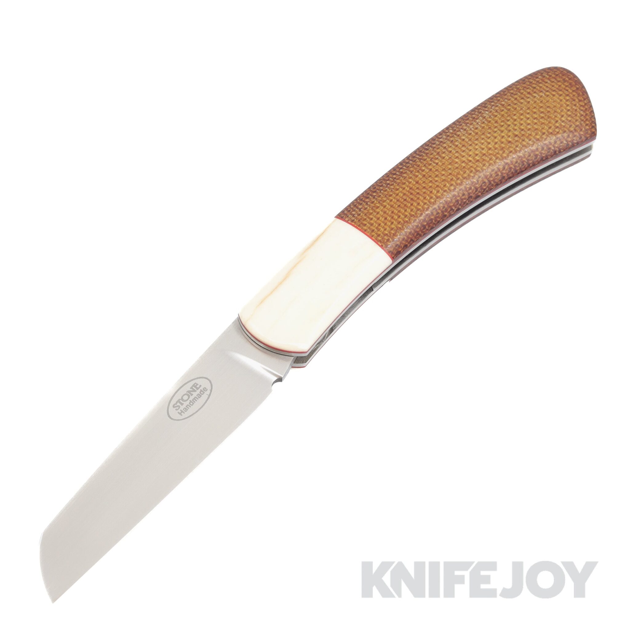 Tinus Stone STONE167 Small Modified Sheepsfoot Slipjoint Plain Blade with Westinghouse Vintage Micarta/ Giraffe Bone Bolster Handles/ Red Liners
