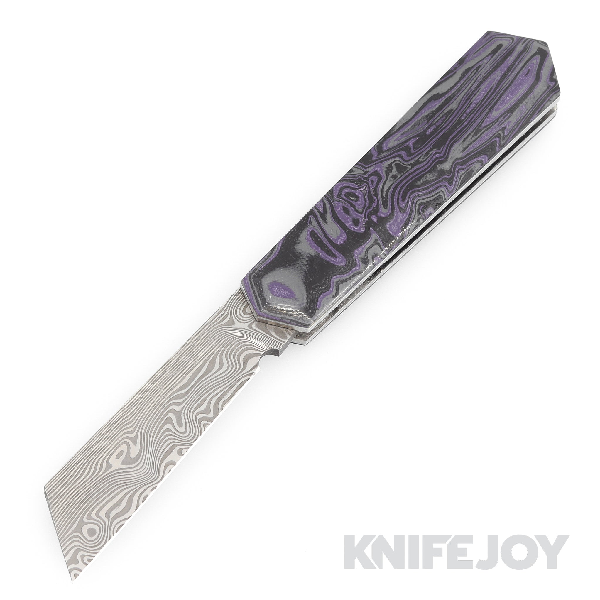 Tinus Stone STONE171 Cyber Barlow Slipjoint Vinland Pattern Damasteel Blade with Purple/ Black Damascus G10 Handles/ White Liners