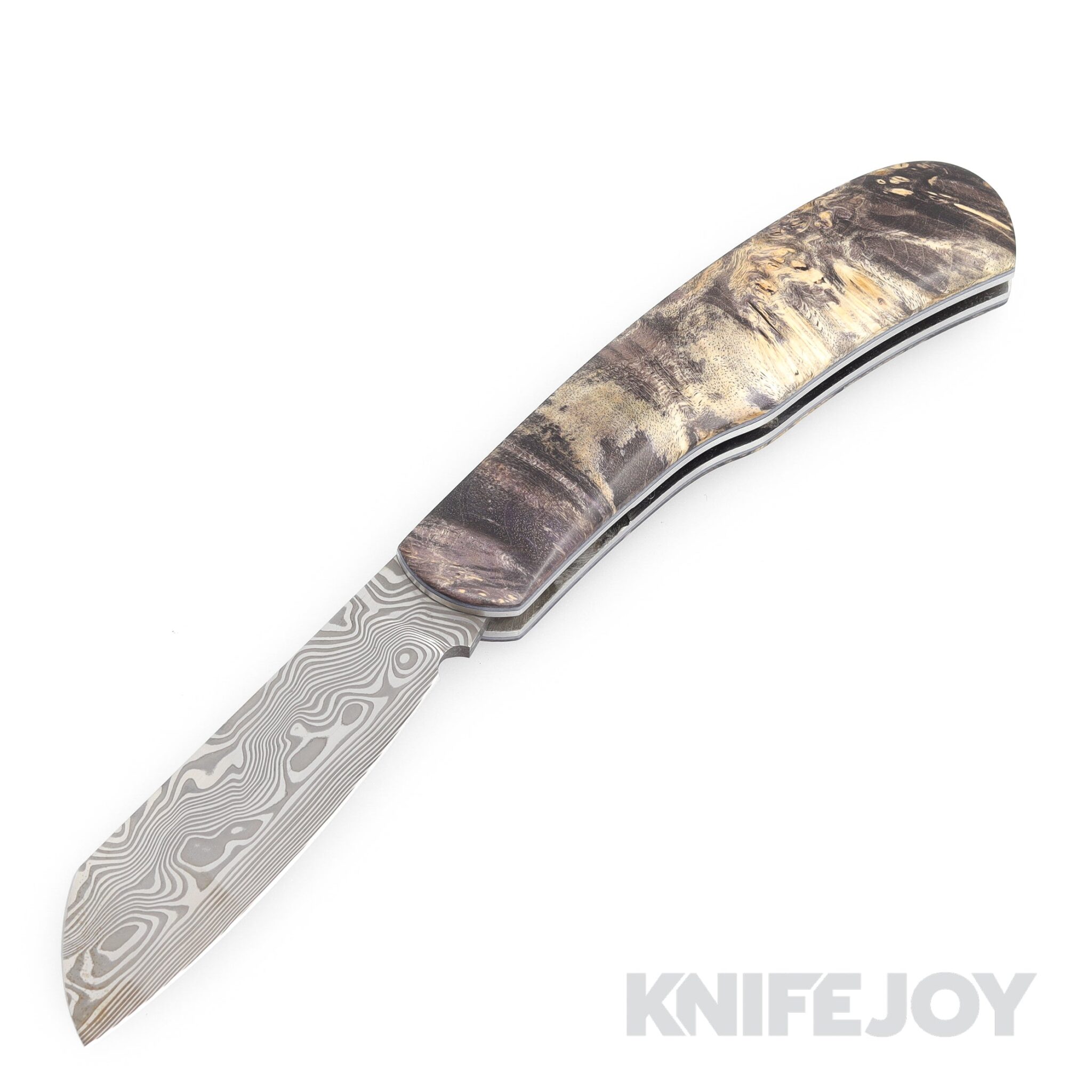 Tinus Stone STONE174 Gunstock Slipjoint Vinland Pattern Damasteel with Dyed Maple Burl Handles/ Purple Liners