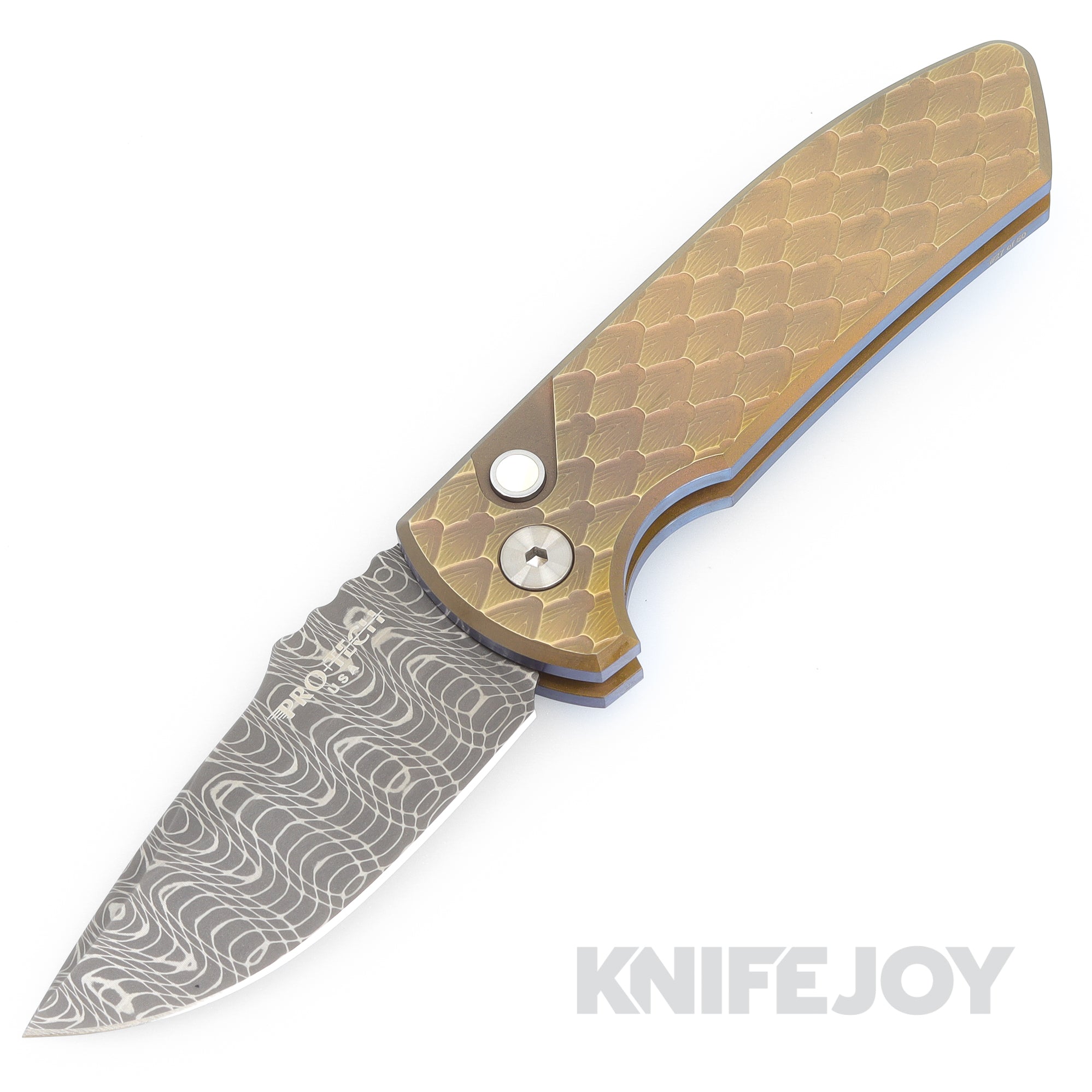 Pro-tech Knives SBR Custom.005 Auto Vegas Forge Spirograph Damascus Blade with Titanium Custom Double Feather Textured Handles Blue/ Bronze Anodized with Pearl Button
