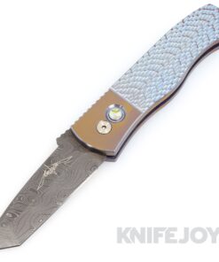 Pro-tech Knives CQC7 Blade Show West Emerson Auto Damascus Tanto Blade with Blue/Bronze "Jigged" Textured Titanium Handles/ Abalone