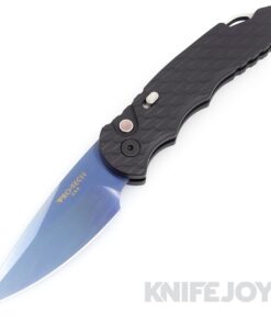 Pro-tech Knives Blade Show West 2023 PTTR-5BSW23-SB Tactical Response 5 Auto Folder Plain Edge Sapphire Blue Blade with Feather Textured Black Handle/ White Pearl Button