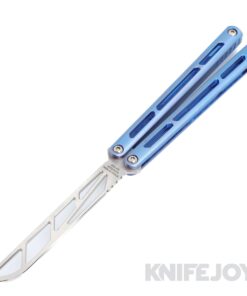 Squid Industries Knives Tsunami Trainer Balisong Butterfly Knife Stonewashed Blade with Blue Anodized Titanium  Handles