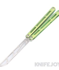 Squid Industries Knives Tsunami Trainer Balisong Butterfly Knife Stonewashed Blade with Green Anodized Titanium  Handles