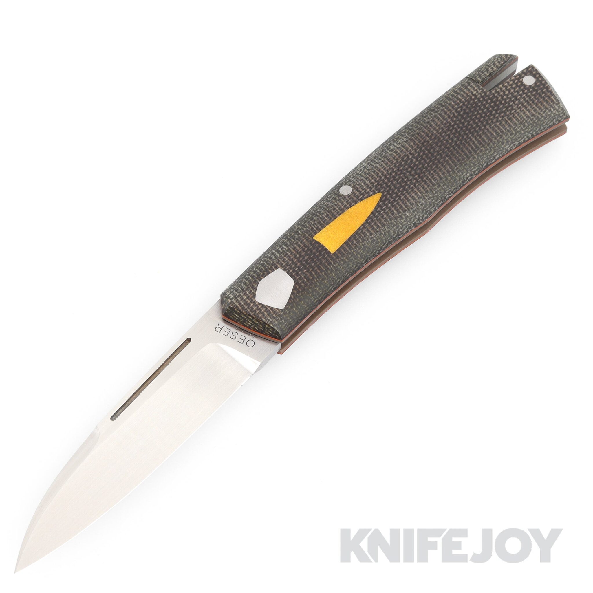J. Oeser Custom Knives Solitude Tail Lock SlipJoint Knife Nitro V Blade with Green Westinghouse Over Orange/ Brown Handles