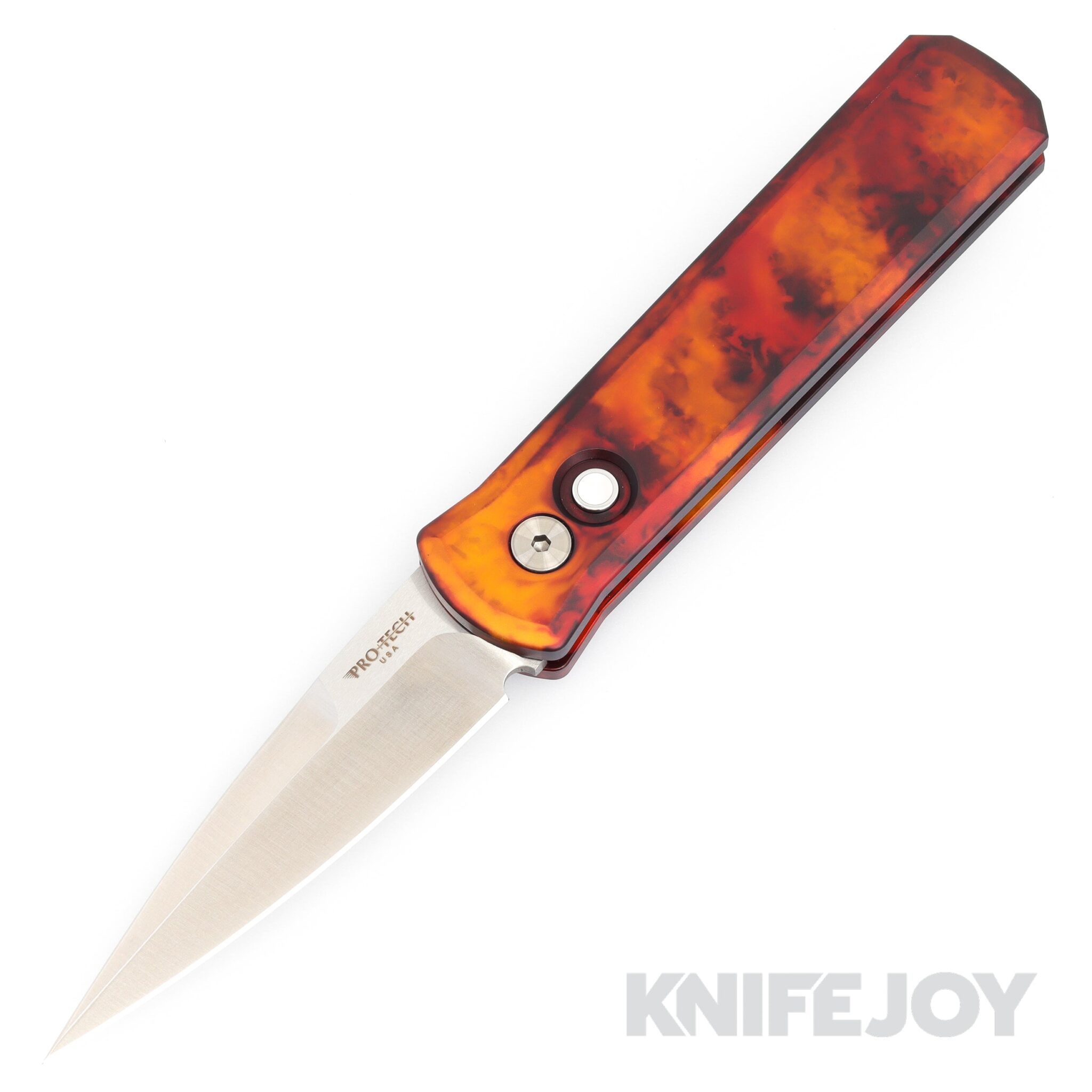 Pro-tech Knives 721-DF1 Auto Godson Knife Satin Plain Blade with "Del Fuego" Anodized Aluminum Handles/ Mother of Pearl Button