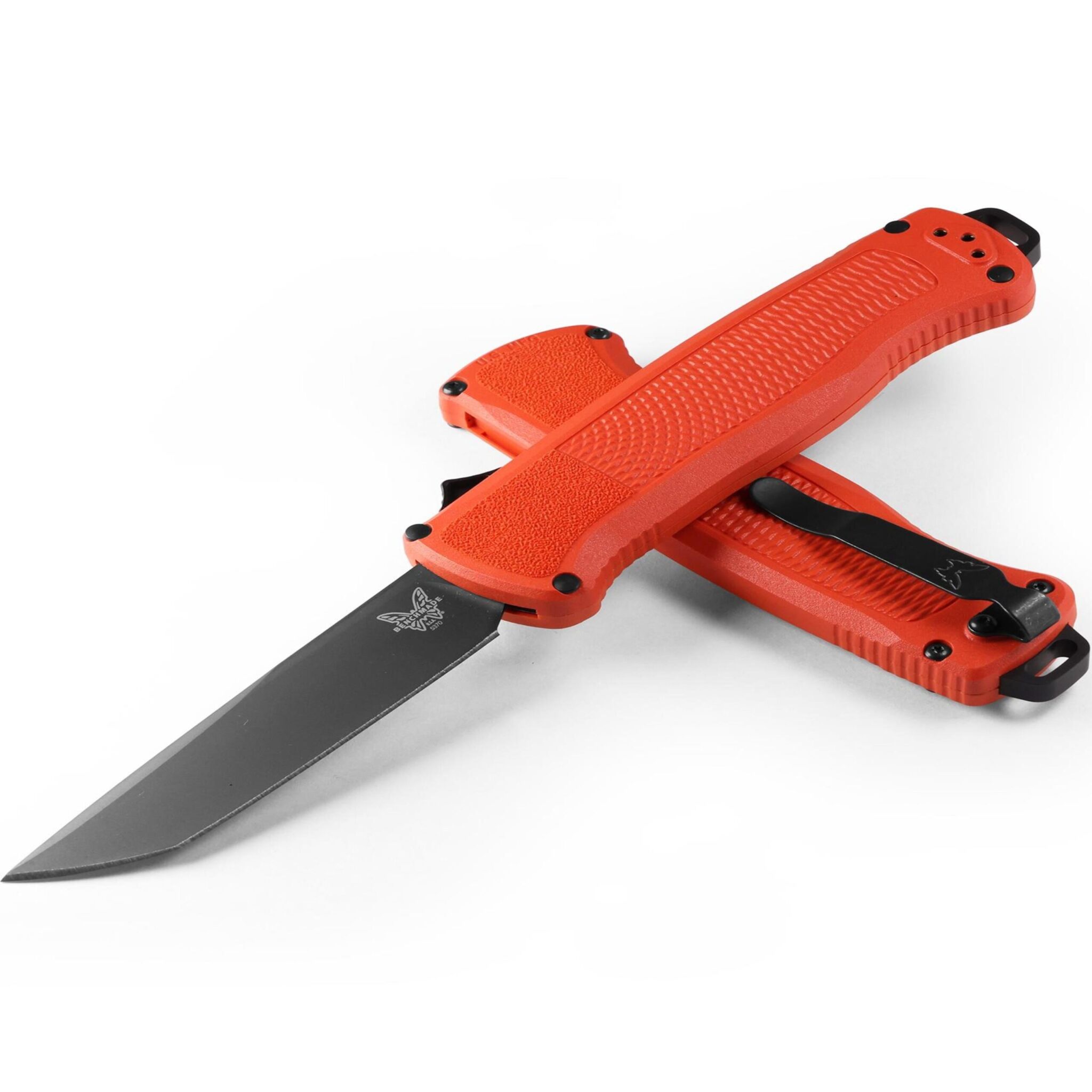 Benchmade 5370BK-04 OTF Shootout Auto CPM-CruWear Black DLC Finish Tanto Blade with Mesa Red Grivory Handles
