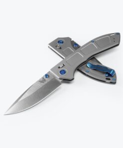 Benchmade 748 Narrows Axis Lock Knife M390 Satin Drop Point Plain Blade with Gray Titanium Handles/ Blue Accents