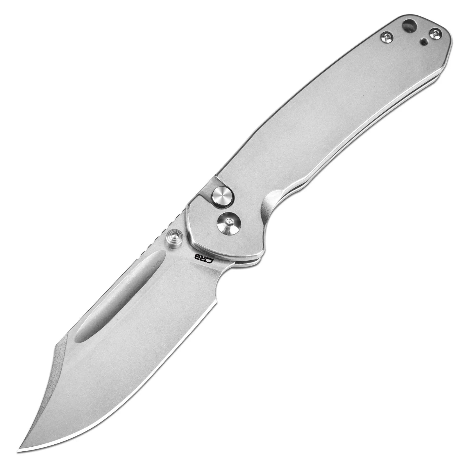 CJRB Cutlery CJRB-1942ST Bowie Pyrite Button Lock Folder Drop Point Blade with Stainless Steel Handles