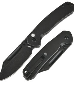 CJRB Cutlery CJRB-1942BST Bowie Pyrite Button Lock Folder Black Coated Stonewash Drop Point Blade with Black Coated Stainless Steel Handles