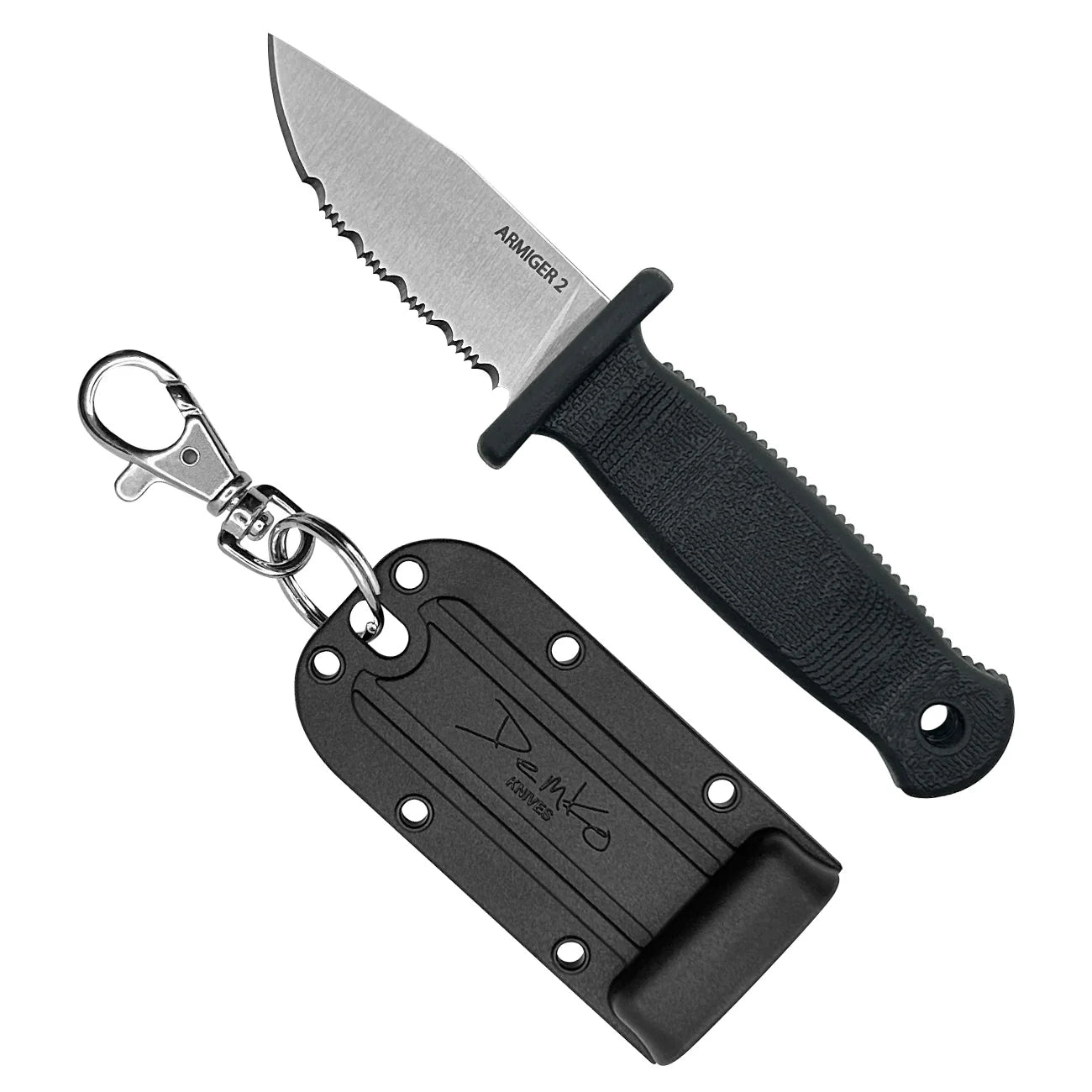Demko Knives Armiger 2 Fixed Blade Clip Point Serrated Blade with Black Rubberized Handles/ Kydex Sheath