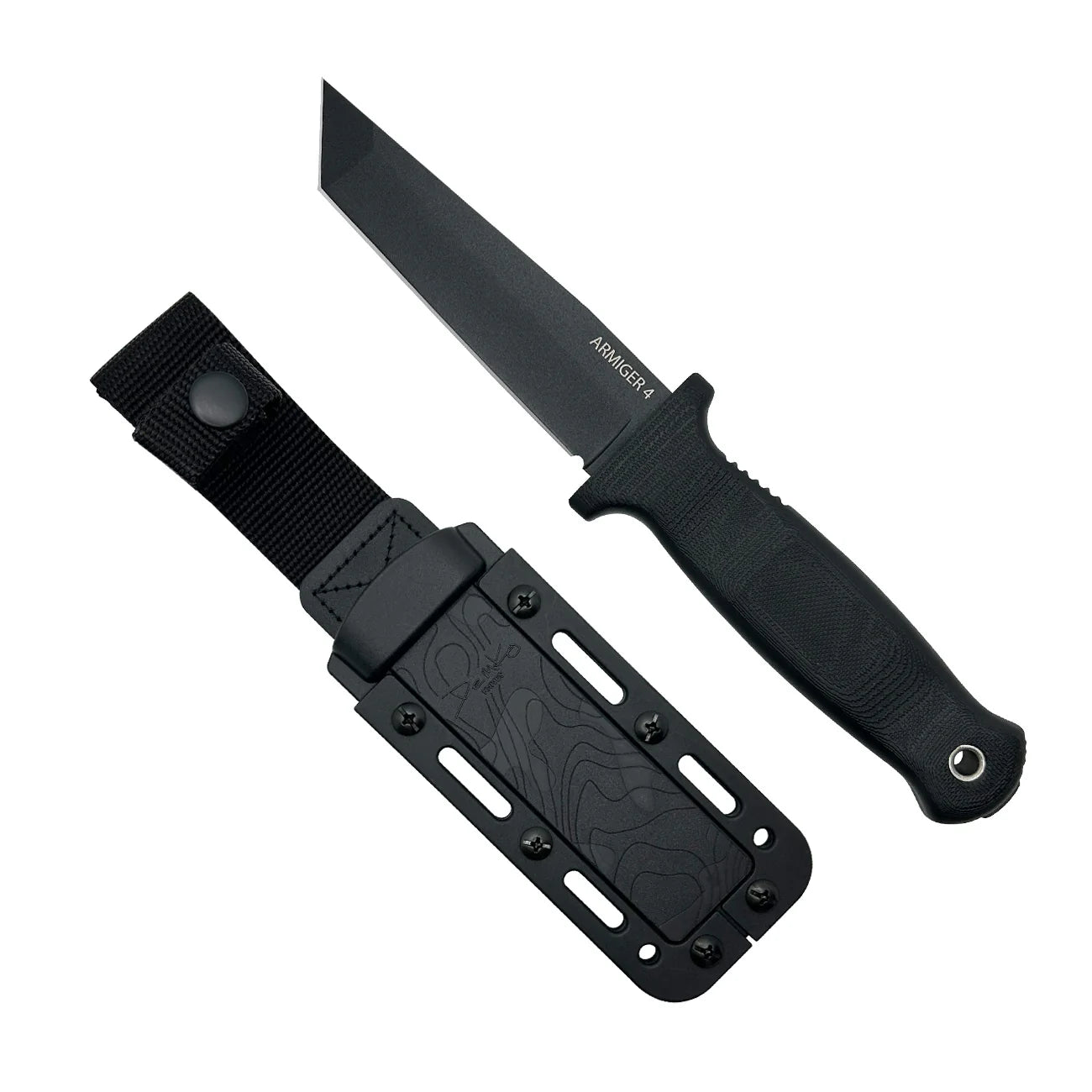 Demko Knives Armiger 4 Fixed Blade Tanto Powder Coated Blade with Black Rubberized Handles/ Kydex Sheath